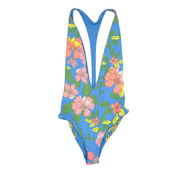Maaji One Piece Swimsuit Maya Blue Tiki Plunge Reversible Floral Racerback - Picture 7 of 14